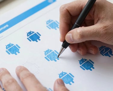 A macro shot of professional designer's hands sketching Android interface icons. The palette is bright and fresh with blue and white tones. North American studio setting.