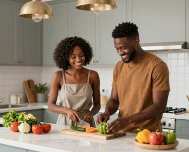 A warm, inviting kitchen scene with a chef plating colorful dishes alongside a friendly mover carefully handling a packed box.