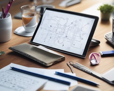 Abstract modern architecture with clean lines and blue-magenta lighting.