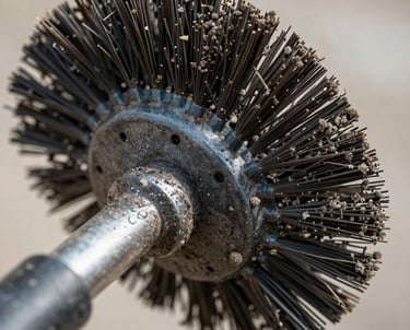A technician carefully sweeping soot from a brick chimney interior.