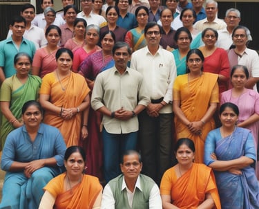 Teachers taking a pledge together in a bright hall.