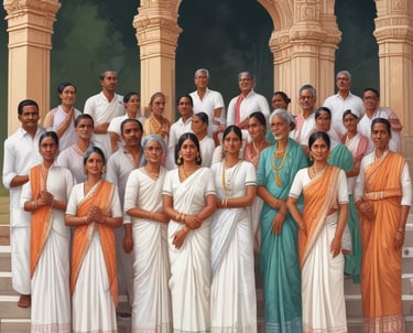 A group of Telangana teachers gathered in a warm community meeting.