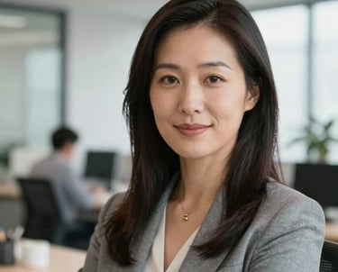 Professional photography headshot of a woman in business casual attire in a bright North American office setting. Professional and trustworthy mood.