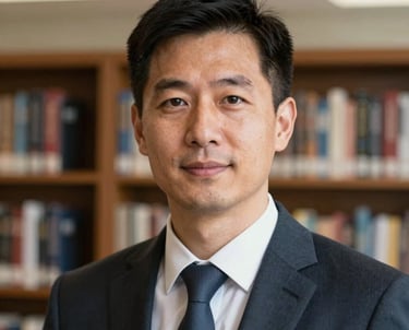 Professional photography headshot of a man in a professional suit with a blurred university library background, North American setting. Collaborative and inspiring mood.