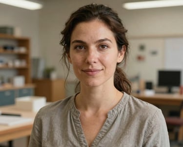 Professional headshot of a woman in a workshop or community center in the US, neutral tones, focused and professional atmosphere.