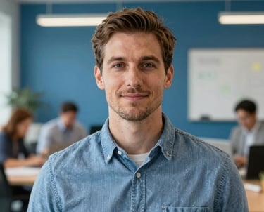 Professional photography headshot of a man in a collaborative office space in the US. Modern workplace with Alice Blue and Medium Blue accents.