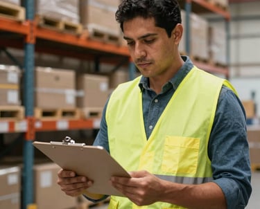 Photography of a South American / Brazilian man in a logistics warehouse, wearing a safety vest and holding a clipboard, professional and organized atmosphere.