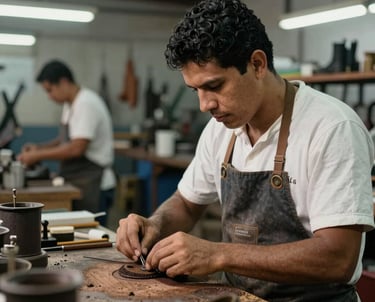 Photography of a South American / Brazilian man working expertly in a traditional footwear factory in Franca, focused expression, authentic industrial setting.