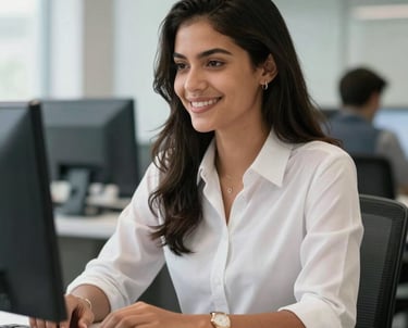 Photography of a young South American / Brazilian woman working in a professional office environment, focused and smiling, clean composition.