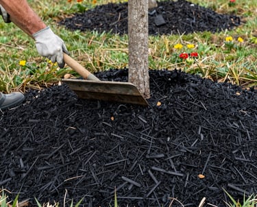 A sturdy dump truck unloading rich, fresh mulch onto a well-prepared flower bed in a sunny suburban yard.