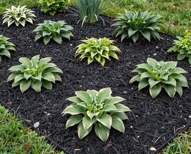 Close-up of rich, freshly spread hardwood mulch around a vibrant flower bed in a sunny backyard.