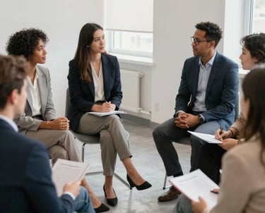 A group of high-performing professionals engaged in a focused consultation session.