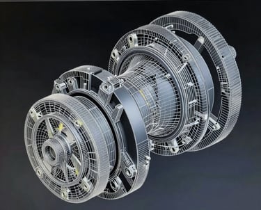 A detailed 3D mesh model of a complex mechanical part on a computer screen, showing the wireframe structure in a dark CAD environment.