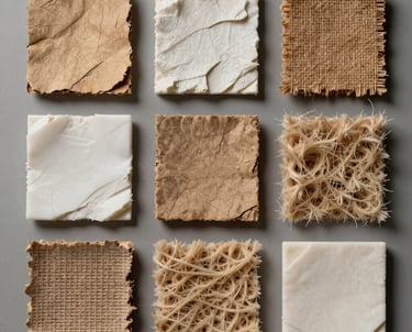 A collection of sustainable material samples—recycled pulp, bioplastics, and compressed fiber—arranged in a neat grid for study. Neutral studio lighting.