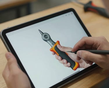 A detailed ergonomic heat map shown on a tablet screen, analyzing the grip pressure of a hand on a tool. The tablet is held in a professional workshop.
