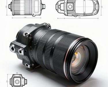 A technical schematic drawing of an automotive part, showing different orthographic views with dimension lines. High-contrast engineering style.