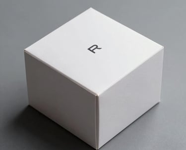 A professional high-quality photo of a sleek, white packaging box for a high-end tech product, featuring minimalist black typography. Soft shadows on a gray surface.