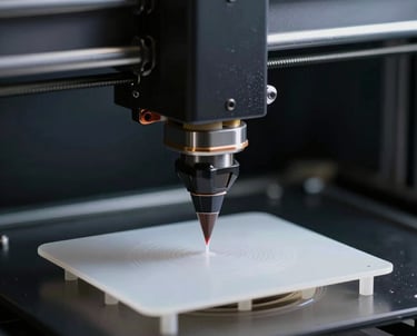 A close-up of a 3D printer nozzle extruding a precise white plastic layer. The background is a dark, clean engineering lab.