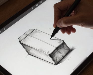 A designer drawing technical sketches with a digital stylus on a large creative tablet. The sketch shows the cross-section of a packaging structure.