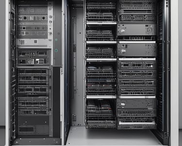 Technician installing network equipment in a modern server room with neatly organized cables and hardware.