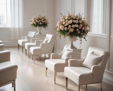 A serene and respectful funeral parlor room with soft lighting and floral arrangements.