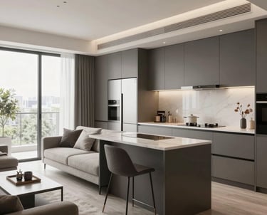 A serene, neatly organized living room with minimalist decor and soft natural light.