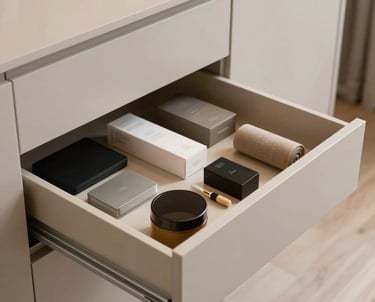A tidy, elegant kitchen with everything in its place, showcasing functional storage solutions.