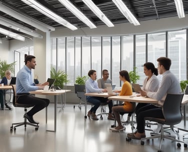 An HR specialist reviewing resumes with a focused team in a modern office.