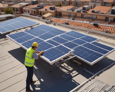 A friendly solar panel installer working on a rooftop in Zaragoza under a clear blue sky.