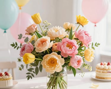 A soft pastel-colored bouquet arranged elegantly on a light background.