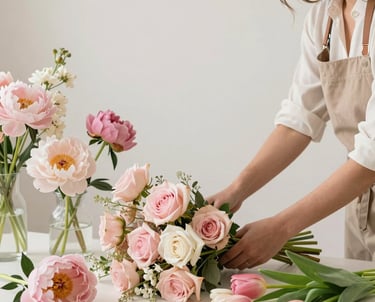 Elegant floral arrangement in soft pastel colors displayed in a bright, airy setting.