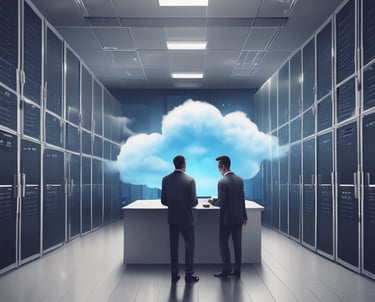 A team collaborating around laptops with cloud icons floating above.