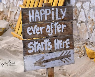 Beach wedding sign in Brookings Oregon reading “Happily Ever After Starts Here”