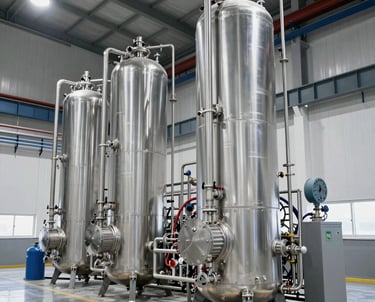 Close-up of refined base oils being poured into containers in a clean industrial setting.