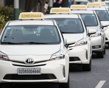 A sleek black hackney carriage parked outside a leafy Epping Forest street at dusk.