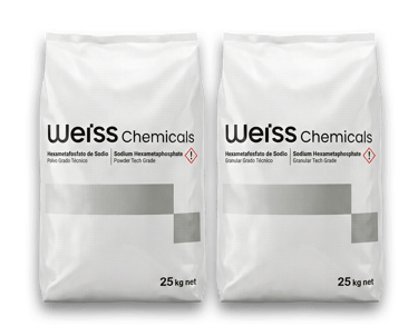 Hexametafosfato de sodio grado técnico en sacos de 25 kg marca Weiss Chemicals. Polvo y Granular.