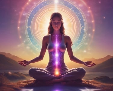 An immersive exhibit showing layered geometric shapes and shifting light patterns representing multiple dimensions.