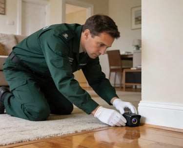 Pest control expert installing camera to track pest movement in Donington home