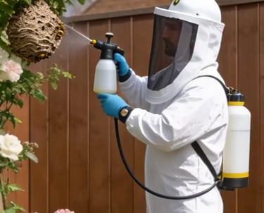 Wasp nest removal expert in a bee suit treating a nest in Holbeach.