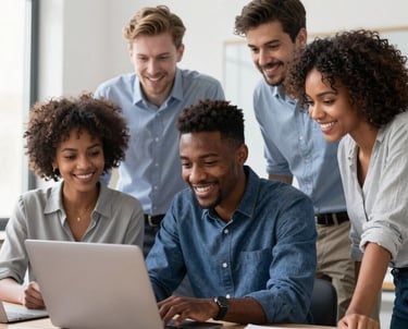A diverse group of young professionals collaborating enthusiastically around a laptop in a bright, modern workspace.