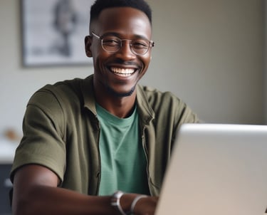 Team members collaborating over laptops in a bright, modern office space with Senegalese cityscape visible through the window.