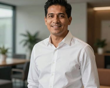 Professional portrait of a South American man with a friendly expression, wearing a white shirt and standing against a soft-focus background of a modern office lounge.