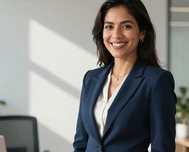 Professional portrait of a South American woman in a dark blue business suit, smiling confidently in a modern, sunlit office environment with minimalist decor.