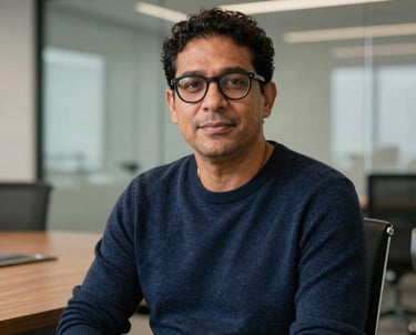 Professional portrait of a South American man with glasses, wearing a dark blue sweater, sitting in a contemporary boardroom with glass walls in Brazil.