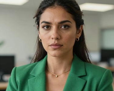 Close-up professional portrait of a South American woman in a professional green blazer, looking towards the camera with a determined and expert expression in a workspace.