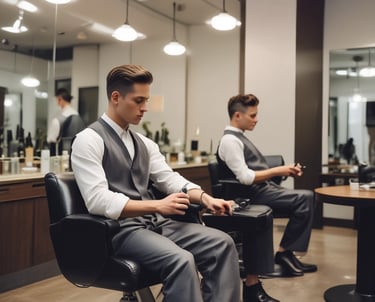 A barber gently giving a client a luxurious straight razor shave in a stylish, vibrant salon setting.