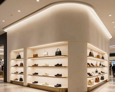 Architectural photography of a retail store with curved drywall displays. Soft cream lighting, modern and upscale atmosphere in a Brazilian mall.