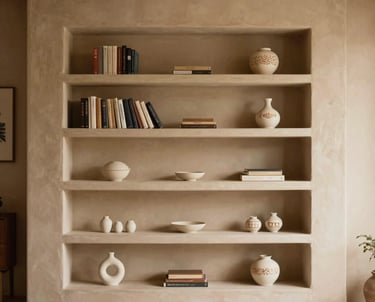 Professional photography of a minimalist drywall bookshelf integrated into a living room wall. Painted in a soft tan color, decorated with ceramic art. South American architectural style.