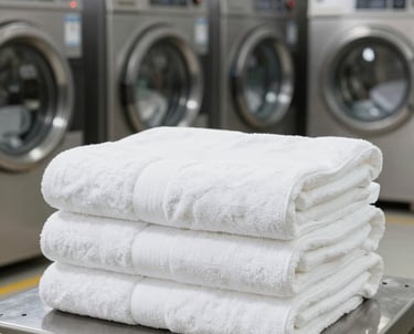 A neatly folded stack of white hotel linens ready for delivery.