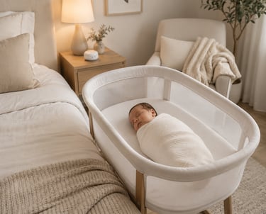 newborn sleeping in bassinet swaddled